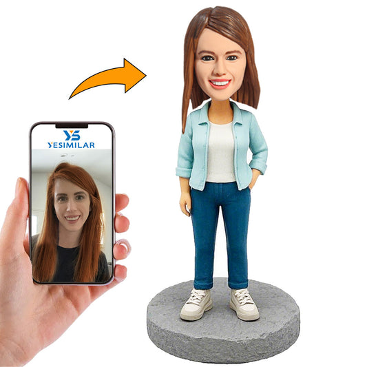 Handcraft Blue Casual Suit Woman Custom Bobbleheads