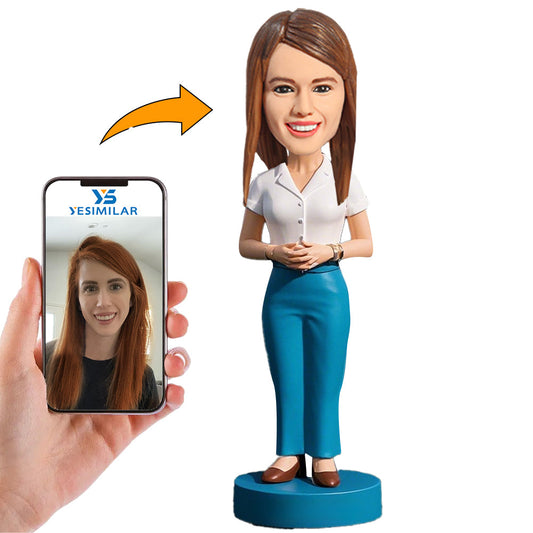 Handcraft Woman Wearing White Shirt And Cyan Pants Custom Bobbleheadss
