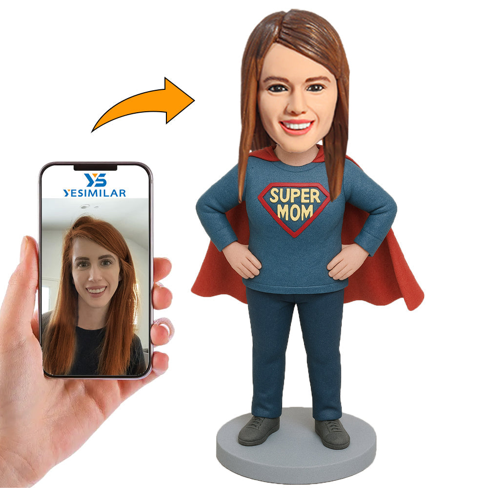 Handcraft Mom In Dark Blue And Gray Super Mom Outfit Custom Bobbleheads