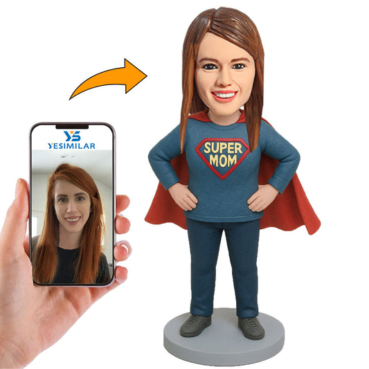 Handcraft Mom In Dark Blue And Gray Super Mom Outfit Custom Bobbleheads