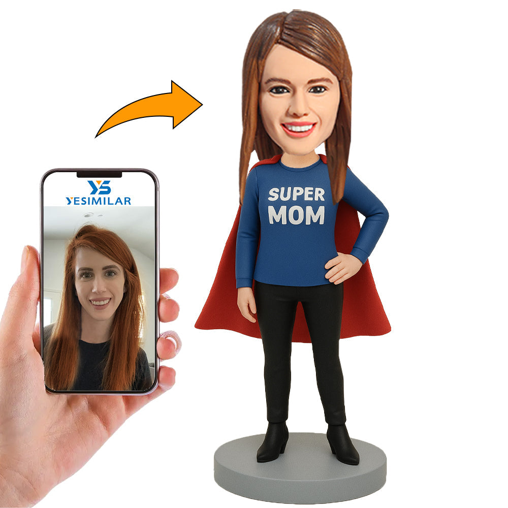 Handcraft Super Mom In Blue Dress And Cape Custom Bobblehead