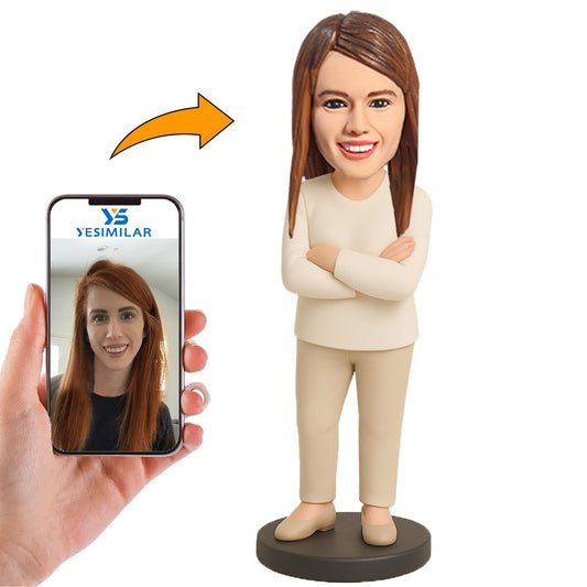 Handcraft Gifts for Mom Woman in Beige Suit Custom Bobbleheads
