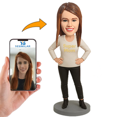 Handcraft Super Mom In Beige Clothes Custom Bobbleheads