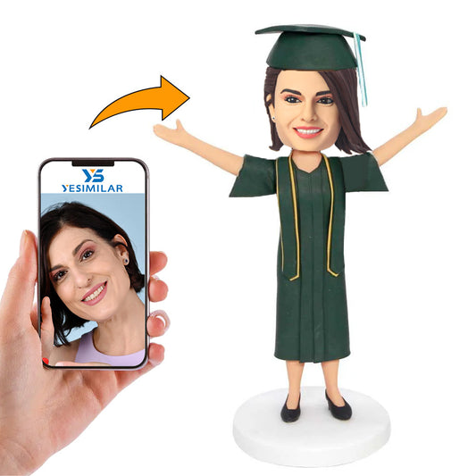 Handicraft Female Graduate Wearing Green Graduate Dress Custom Bobbleheads