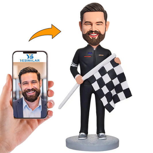 Handsome Male Racing Driver Holding Flag Custom Bobbleheads
