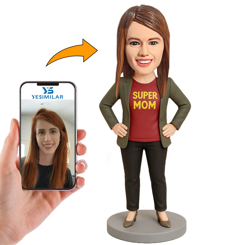 Handcraft Super Mom In Dark Tan Coat Custom Bobbleheads