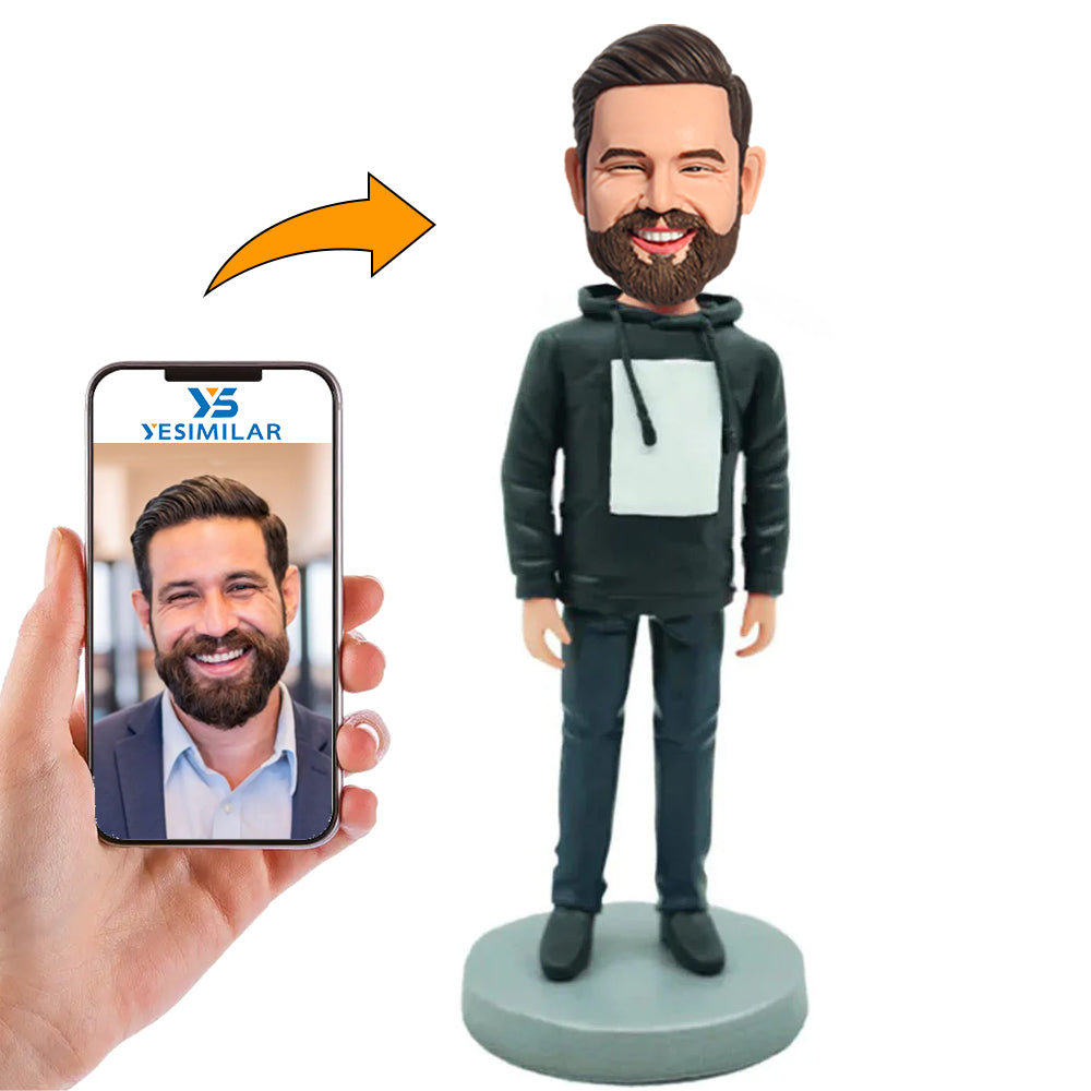 Casual Man in Black Hoodie Custom Bobbleheads