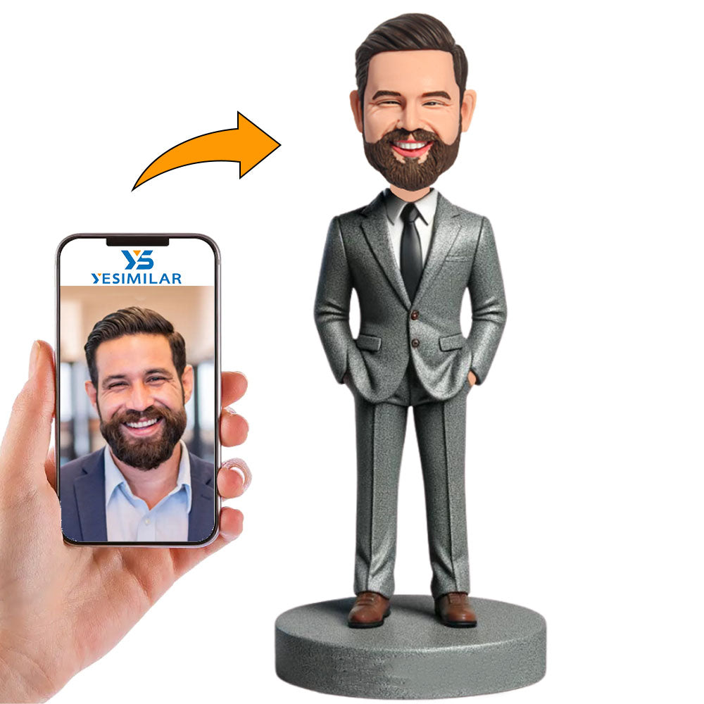 Grey Suit Business Man Clay Action Figure Custom Bobbleheads