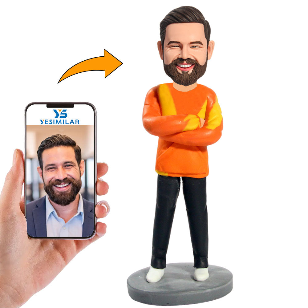 Casual Man in Orange Sweatshirt Custom Bobbleheads