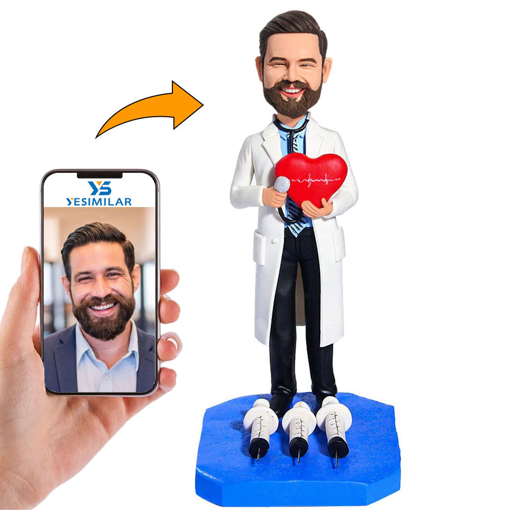 Doctor Holding Stethoscope Diagnosing And Needle Base Custom Bobbleheads