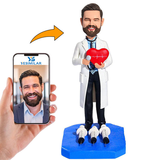 Doctor Holding Stethoscope Diagnosing And Needle Base Custom Bobbleheads