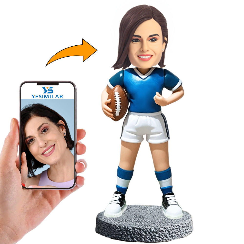 Handmade Blue Shirt Female Football Player Custom Bobbleheads