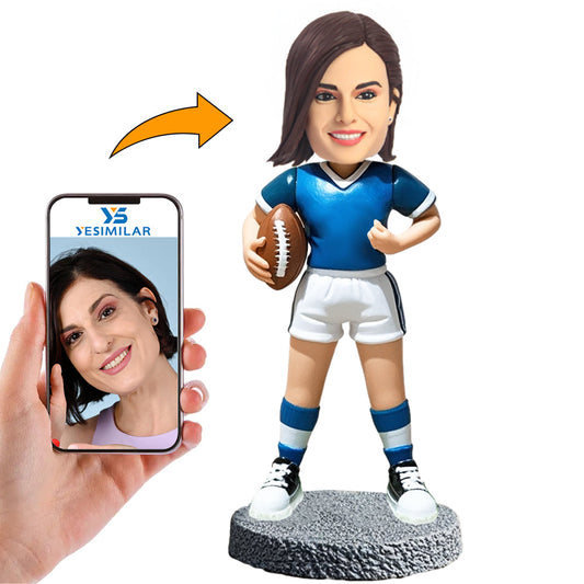 Handmade Blue Shirt Female Football Player Custom Bobbleheads