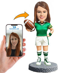 Handmade Green Shirt Female Football Player Custom Bobbleheads