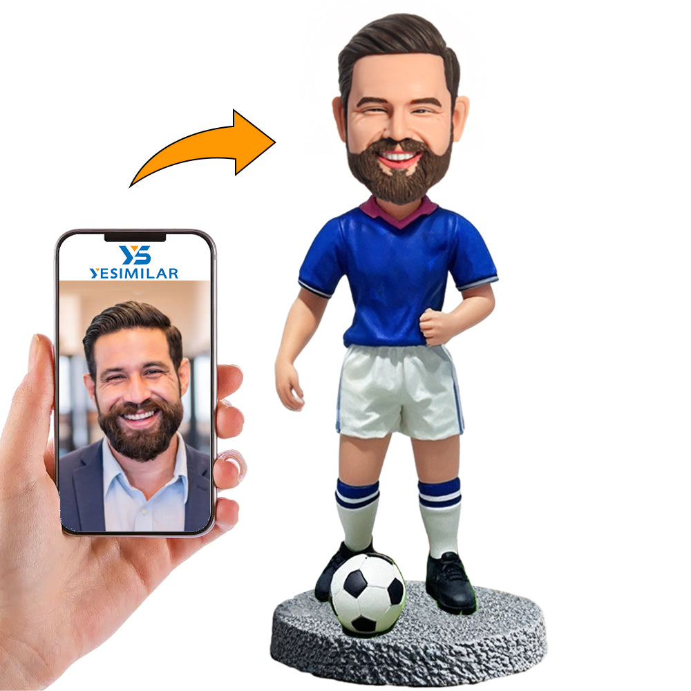 Handmade Blue Shirt Soccer Player Custom Bobbleheads