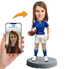 Handmade Blue Socks Female Football Player Custom Bobbleheads