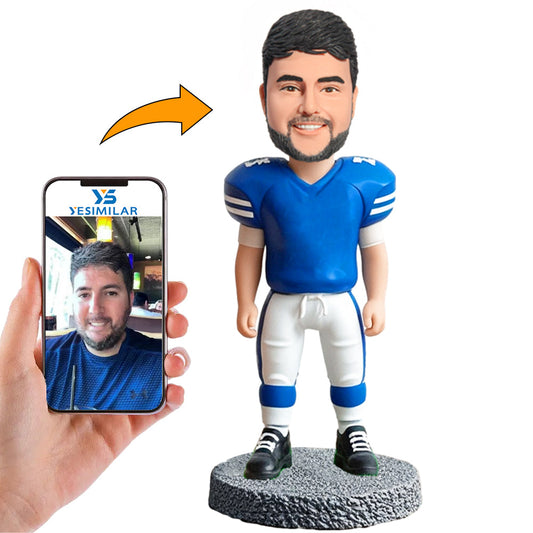 Handmade Blue Suit Happy Football Player Custom Bobbleheads