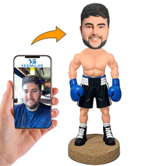 Handmade Man Wearing Blue Boxing Gloves Custom Bobbleheads