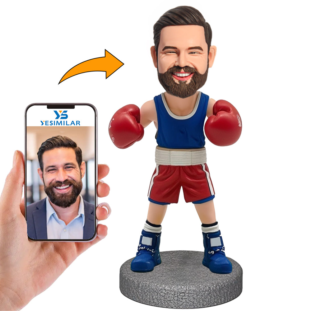 Handmade Boxing Fan in Blue Vest Custom Bobbleheads