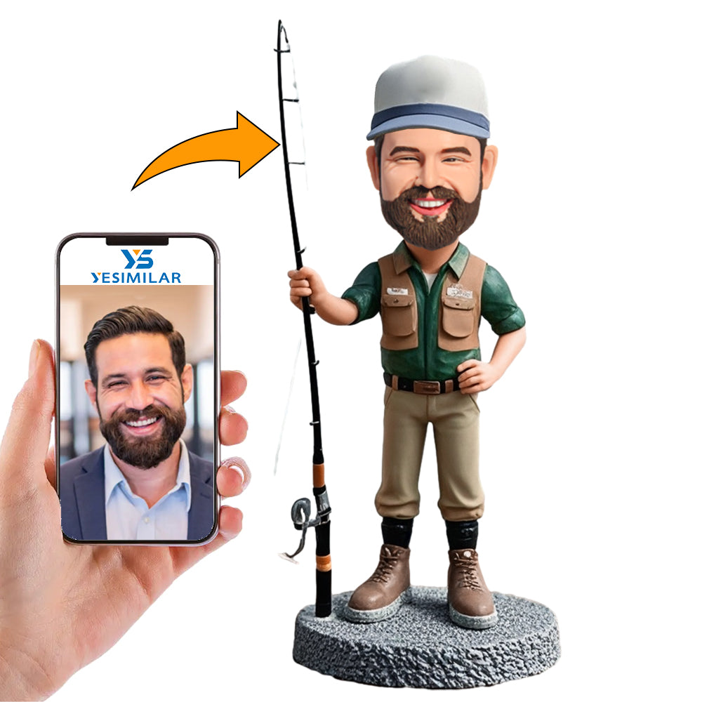 Handmade Man Holding Fishing Rod Custom Bobbleheads