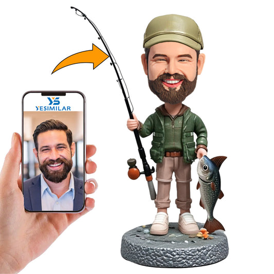 Handmade Fishing Man Wearing Peaked Cap Custom Bobbleheads