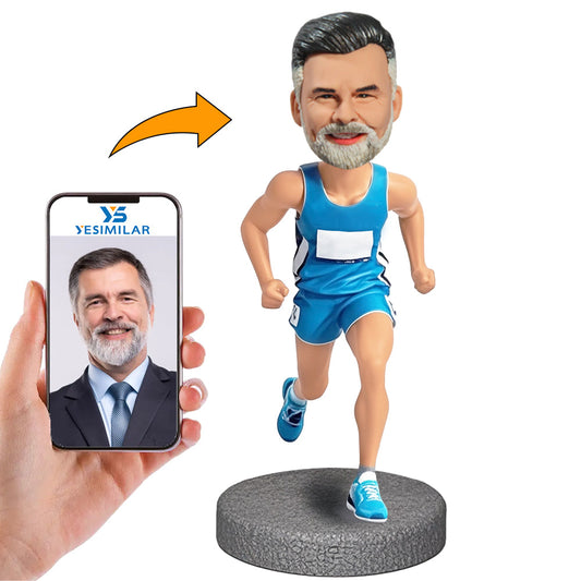 Handcraft Old Man Running in Blue Suit Custom Bobbleheads