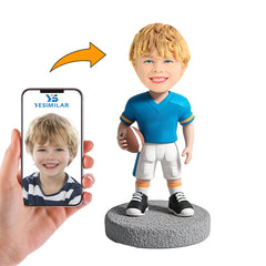 Handcraft Little Kid Football Player in Blue Shirt Custom Bobbleheads