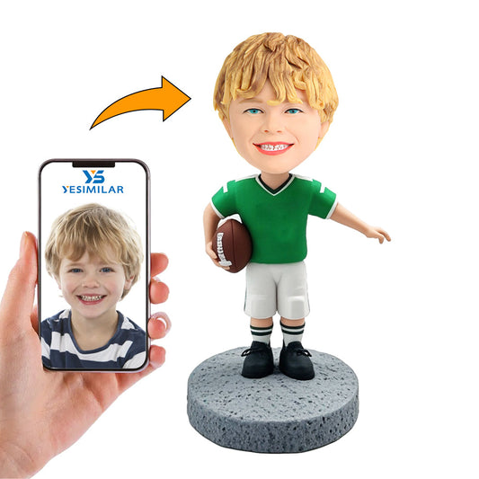 Handcraft Little Kid Football Player in Green Shirt Custom Bobbleheads