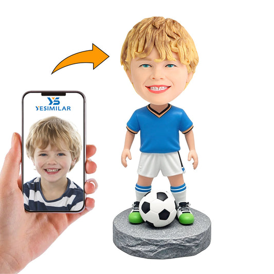 Handcraft Blue Shirt Child Soccer Player Custom Bobbleheads