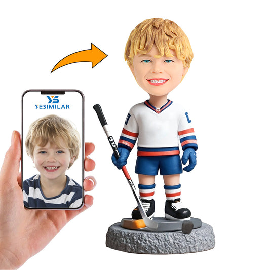 Handcraft Blue Shirt Cool Kid Hockey Player Custom Bobbleheads