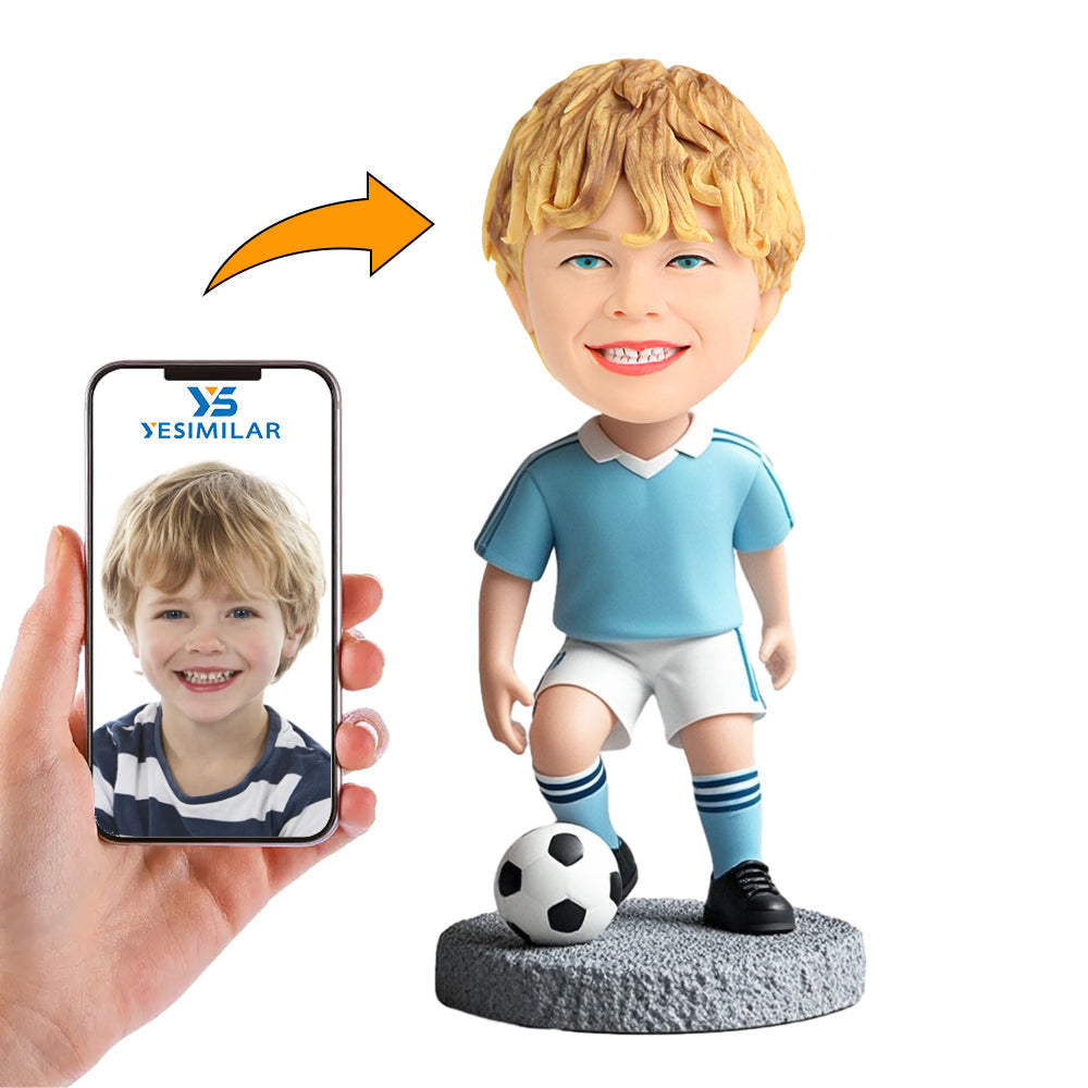 Handcraft Little Boy Soccer Player in Blue Shirt Custom Bobbleheads