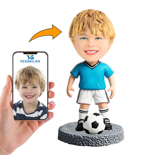 Handcraft Child Soccer Player in Blue Shirt Custom Bobbleheads