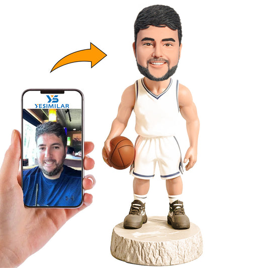 Handcraft Man Playing Basketball in White Basketball Uniform Custom Bobbleheads