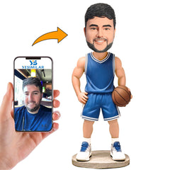 Handcraft Man Playing Basketball in Blue Basketball Uniform Custom Bobbleheads