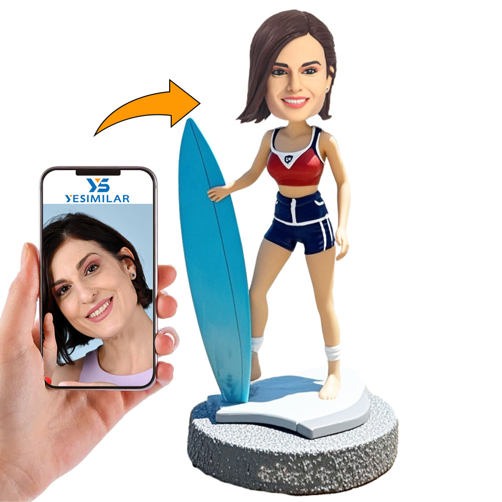 Handcraft Woman Holding Blue Surfboard Custom Bobbleheads