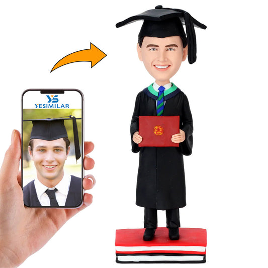 Handmade Graduation Boy In Bachelor Suit Holding Diploma Standing On Books Custom Bobbleheads