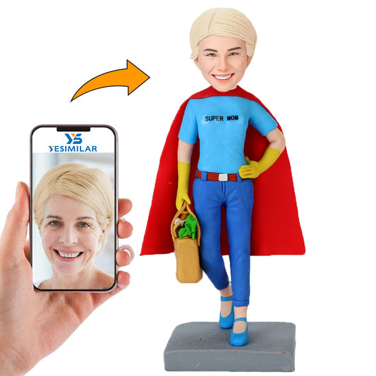 Handmade Medical Super Mom Hold Basket And Wear Cape Custom Bobbleheads
