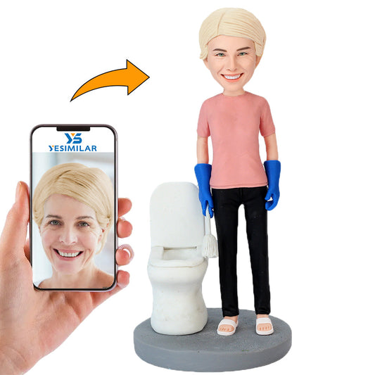 Handmade Woman In Pink Top Clean Toilet Bowl Custom Bobbleheads