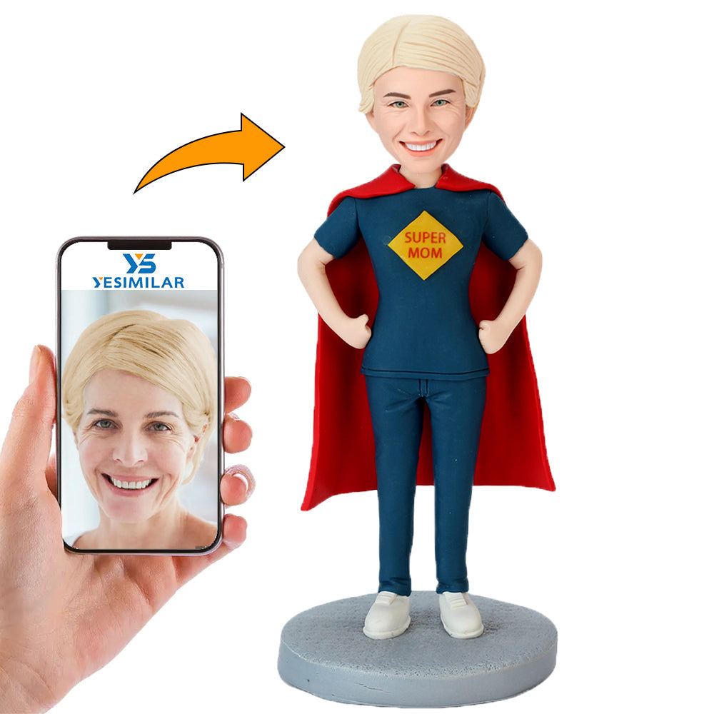 Handmade Super Mom In Dark Blue Casual Wear With Cape Custom Bobbleheads