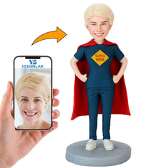 Handmade Super Mom In Dark Blue Casual Wear With Cape Custom Bobbleheads