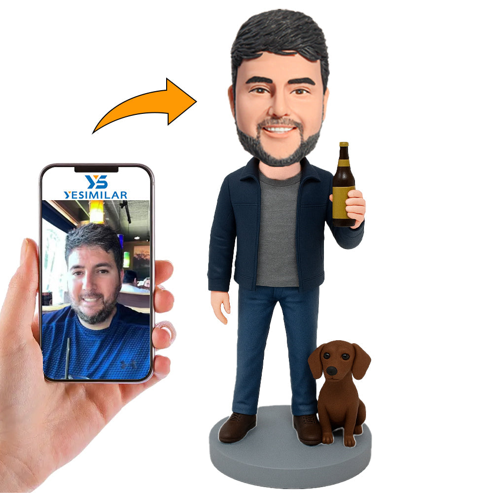 Handcraft Man Holding Beer Bottle with Dog Custom Bobbleheads