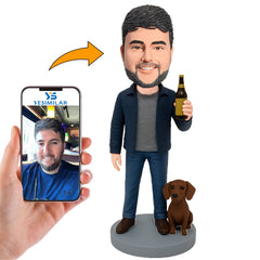 Handcraft Man Holding Beer Bottle with Dog Custom Bobbleheads