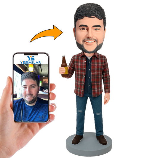 Handcraft Man in Plaid Shirt Holding Beer Bottle Custom Bobbleheads
