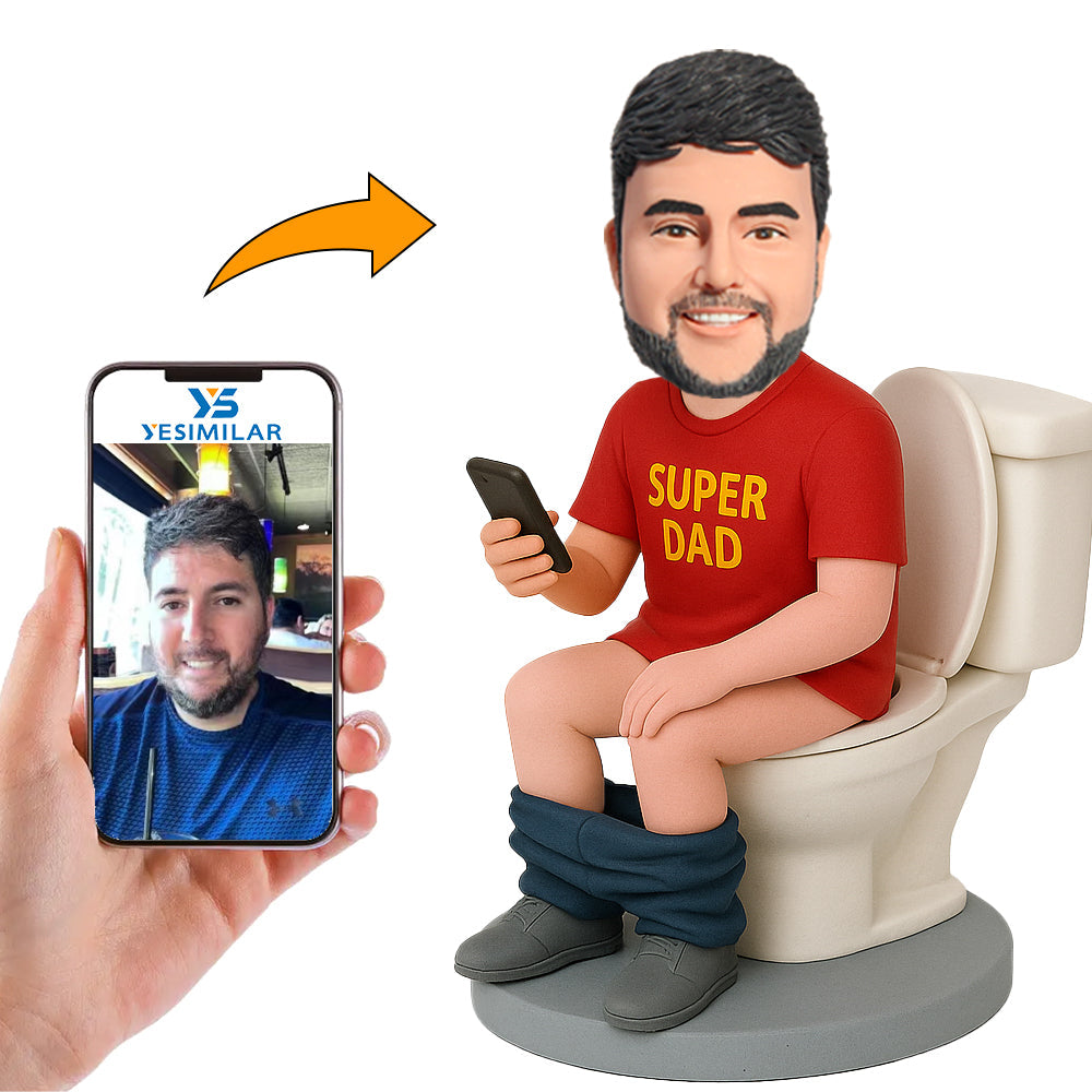 Handcraft Super Dad in Red Clothes Sit on Toilet Custom Bobbleheads
