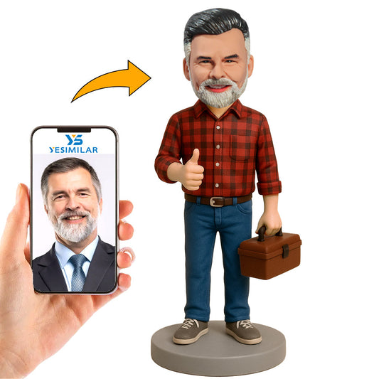 Handcraft Man in Plaid Shirt Carrying Toolbox Custom Bobbleheads