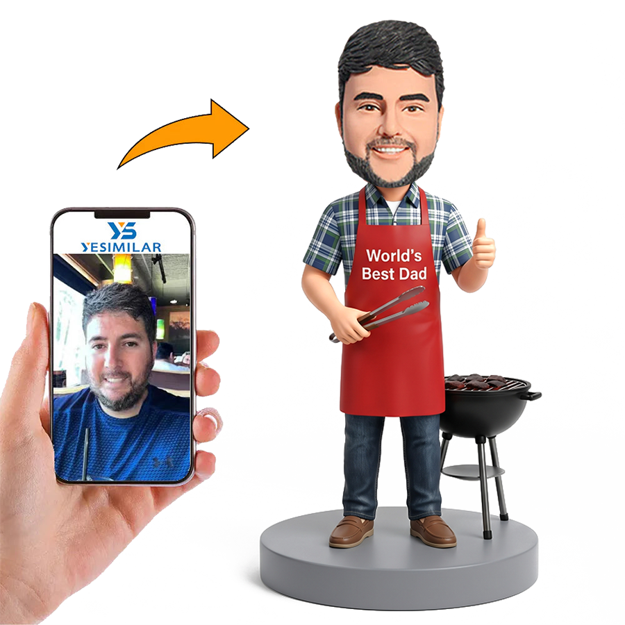 BBQ Dad Wearing Apron with Grill Male Custom Bobbleheads