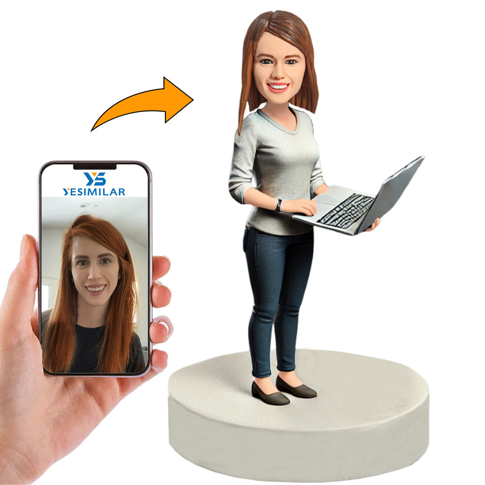 Woman Holding Laptop Custom Bobbleheads