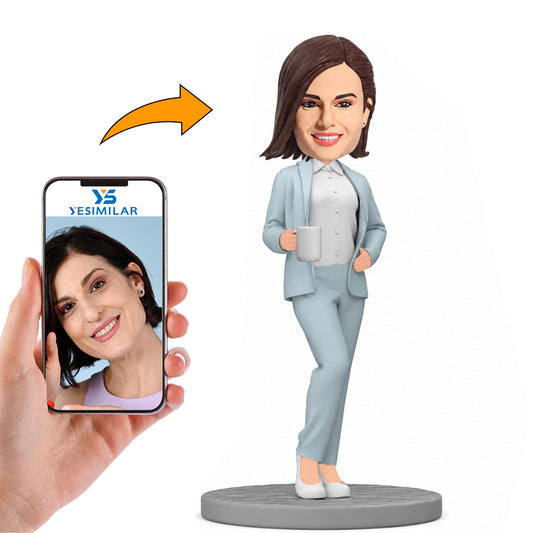 Business Woman in Blue Suit with Cup Custom Bobbleheads