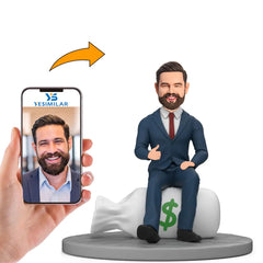 Male Boss in Suit Sitting on Money Bag Custom Bobbleheads