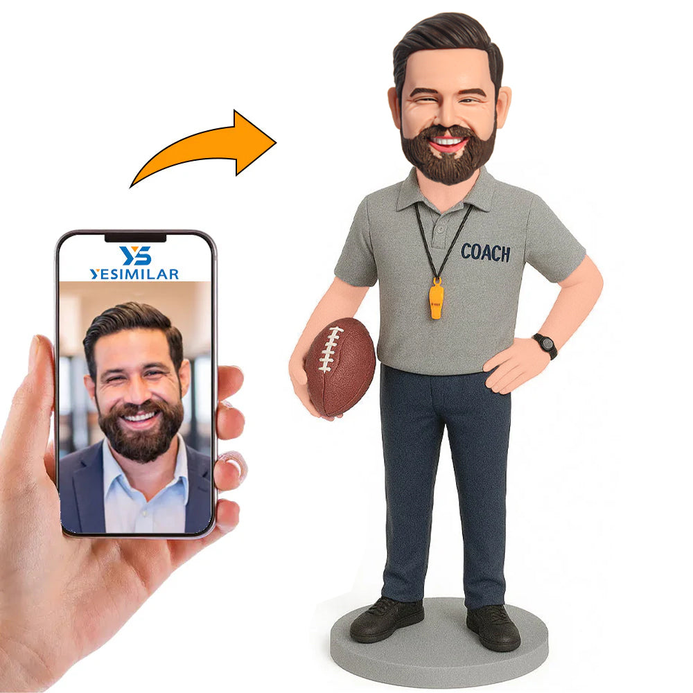 Rugby Coach in Grey Shirt Custom Bobbleheads